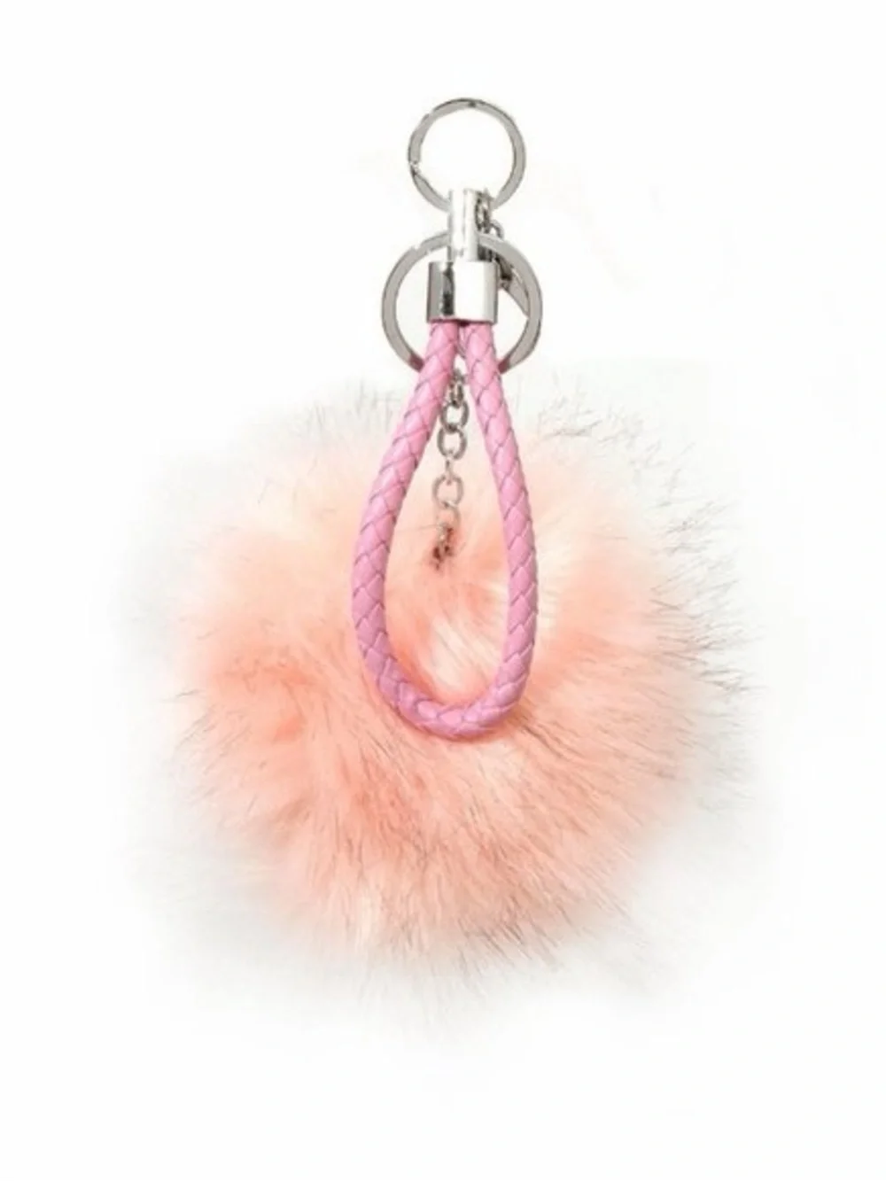 Mint Pink Faux Fur Pom Pom Keychain with Matching Braided Wrist Handle